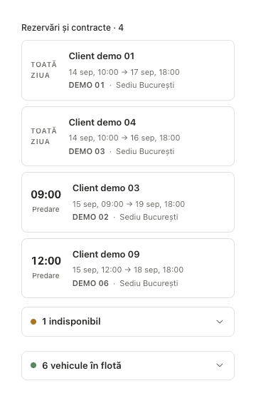 Agenda mobilă Rentiva cu predările și vehiculele ocupate într-o zi demonstrativă.