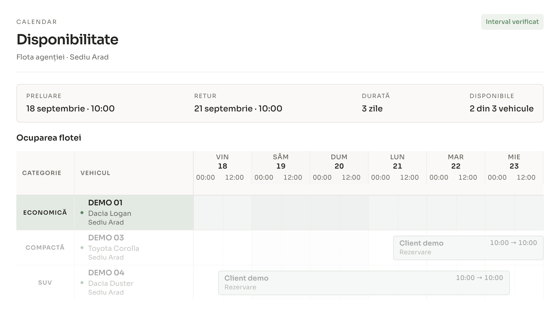 Disponibilitate: Dacia Logan, 18–21 septembrie, 3 zile la 35 EUR pe zi. Total 105 EUR. Date demo.